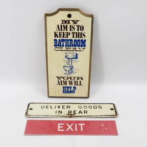lot 251 image: Vintage Door Signs, Wood, Metal, Plastic, Exit, Bathroom, Deliver Goods in Rear
