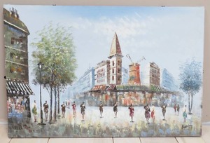 lot 278 image: Vintage Signed Burnett Oil Painting Scene of the Moulin Rouge on Canvas