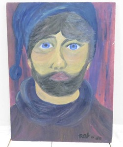 lot 279 image: Vintage 1989 Unique Oil on Board Signed ROS Painting of Blue Eyes Bearded Man