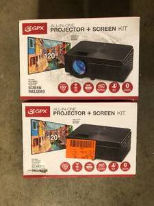 lot 46 image: Lot of 2 GPX 800 x 480 Mini Projector with 2500 Lumens, Bluetooth with 120 in. Projection Screen Included Customer Returns See Pictures