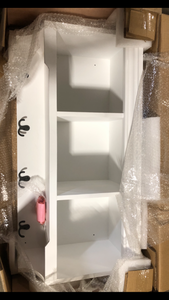 lot 49 image: StyleWell 16.14 in. H x 36 in. W x 11 in. D White Wood Floating Decorative Cubby Wall Shelf with Hooks  Customer Returns See Pictures