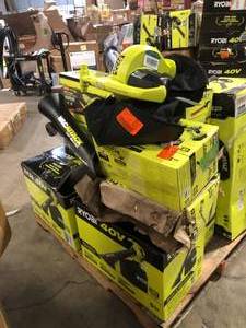 lot 50 image: Pallet of Mixed Assorted Ryobi Lawn Care Items Various Models and Conditions   Customer Returns See Pictures