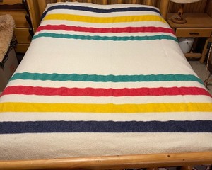 lot 320 image: Hudson Bay 6 point Multi Color Wool Blanket Camping Blanket Iconic