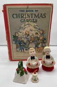lot 45 image: Set of 2 Vintage Japan Porcelain Flocked with Lace Trim Choir BoyCarolers