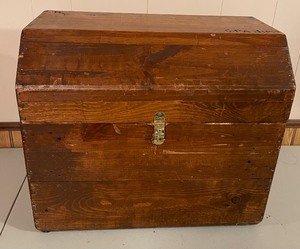 lot 76 image: Older Wooden Trunk Handmade marked HSP in the corner