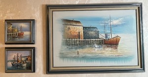 lot 79 image: Trio of Oil on Canvas Harbor Fishing Boats Scenes