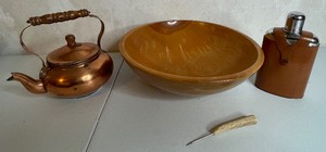 lot 93 image: Wood bowl and Copper Teapot