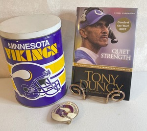 lot 103 image: Vintage MN Vikings Belt Buckle and Tin Can LOT