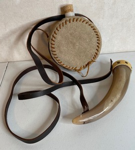 lot 111 image: Powder Horn and Suede covered Canteen