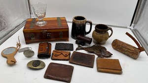 lot 137 image: Wooden Trinket Box, Pottery, Mugs, Wallets, misc lot