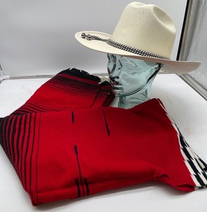 lot 142 image: Arlop Cowboy Hat and Woven Poncho Serape Mexico Style