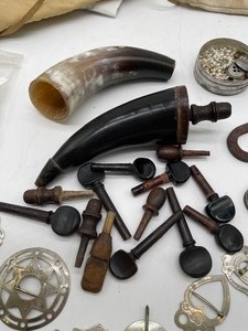 lot 148 image: Hammered Native American Washer Brooches, Powder Horn, Fiddle Pegs, Hand Forged Strikers, Bone Choker, Claw Necklace