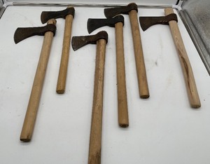 lot 222 image: Lot of Six Throwing Hawks, Forged Iron Tomahawks , wood handles