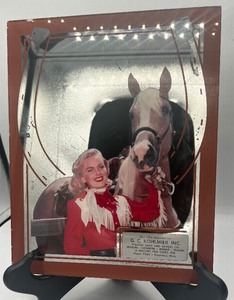 lot 301 image: G. C. Kohlmier Inc. Gravel Co. Owatonna MN Advertising Mirror Horse with Cowgirl