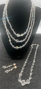 lot 315 image: Aurora Bourealis Jewelry Triple Strand Necklace Single Strand Necklace Earrings 1950s