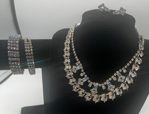 lot 316 image: Vintage Rhinestone Jewelry Lot Blue and Clear Rhinestones Necklace Bracelet Earrings