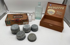 lot 276 image: Cigar Boxes, Zinc Lids, Antique Bottles