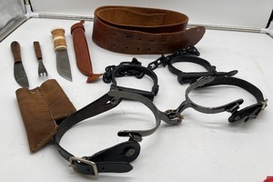 lot 285 image: Cutlery, Knife and Sheath, Leather Belt, Spurs