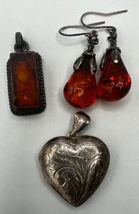 lot 202 image: Faux Amber Pendant and Earrings Sterling Silver Heart locket misc