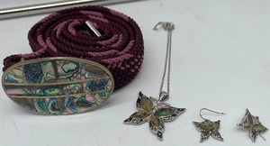 lot 265 image: Abalone Shell Belt Belt Buckle with belt, Butterfly and Earrings