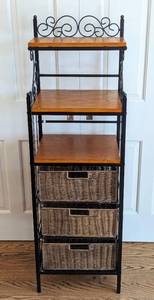lot 23 image: Decorative Wood and Wicker Storage Shelf