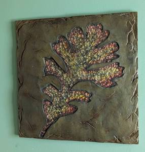 lot 44 image: Pair of Mosaic Leaf Ceramic Wall Hangings