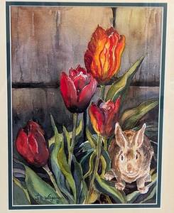 lot 219 image: Framed Tulips and Rabbit Watercolor Print by Jill Wageman