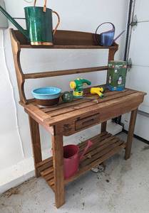 lot 229 image: Wood Garden Table and Assorted Lawn Care Tools