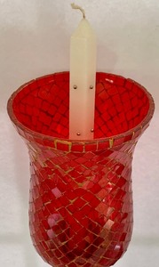 lot 55 image: Pair of Red Glass Candle Mosaic Style Holders