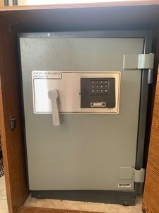 lot 56 image: American Security Products Safe with Vintage Wood Cabinet