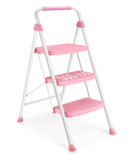 lot 202 image: SocTone 3 Step Ladder, Folding Step Stool with Handle, Wide Anti-Slip Pedal, Pink