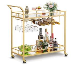 lot 225 image: VASAGLE Bar Cart Gold, Home Bar Serving Cart, Wine Cart with 2 Mirrored Shelves