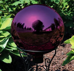 lot 370 image: Sunnydaze 10-Inch Glass Mirrored Stainless Steel Gazing Globe - Elegant Ball Lawn Ornament Merlot