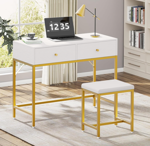 lot 44 image: SUPERJARE White and Gold Desk with 2 Drawers