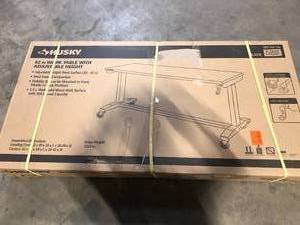 Husky 62 in. W x 24 in. D Adjustable Height Solid Wood Top Workbench Table in Black    Customer Returns See Pictures