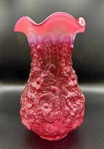 lot 6 image: Fenton Cranberry Opalescent Poppy Vase