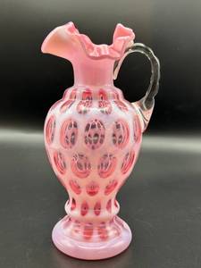 lot 77 image: Fenton Cranberry Opalescent  Coin Dot Pitcher With Clear Handle