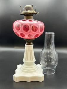lot 102 image: Fenton Cranberry Opalescent Coin Dot Table Kerosene Lamp