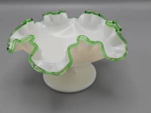 lot 74 image: Vintage Fenton Green Crest Crimped Ruffled Compote White Milk Glass Candy Dish Bowl