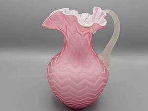 lot 22 image: Victorian, Attributed to Mt. Washington Hand Blown Pink Satin Herringbone Pitcher With (2) Glass Tumblers