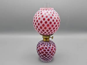 lot 23 image: Fenton  L.G. Wright Dot Cranberry Miniature Oil Lamp