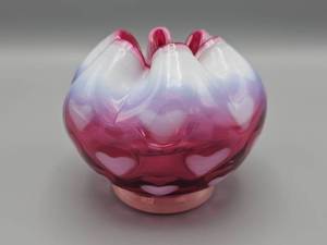 lot 27 image: Fenton Heart Optic Cranberry Opalescent  Rose Bowl Vase
