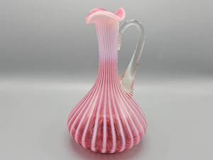 lot 30 image: Fenton Cranberry Pink Spiral Optic Opalescent Jug  Pitcher Vase