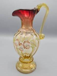 lot 33 image: Fenton 1999 Historic Collection Open Seedpods Under Ferns Gold  Amberina Hand Painted Pitcher #d Piece of 2500