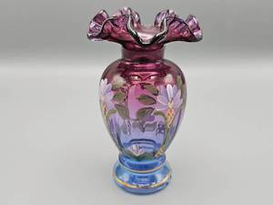 lot 34 image: Fenton Limited Edition Mulberry Honor Collection Hand Painted Vase B. Higgins #d out of 2500