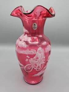 lot 39 image: Fenton Mary Gregory Collection Special Delivery Cranberry Hand Painted Vase #2302350