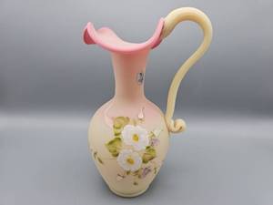 lot 43 image: VERY RARE Fenton for Joyce Colella Limited Edition Burmese Pitcher Circle Of Love #1053