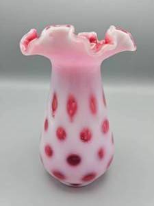lot 50 image: Fenton Cranberry Opalescent Coin Dot Vase