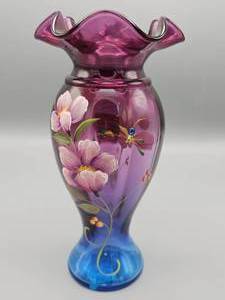 lot 58 image: Fenton Hand Painted Floral And Dragonfly Mulberry Vase Limited # 4041250