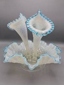 lot 1 image: Fenton Diamond Lace Opalescent Aqua Crest Epergne